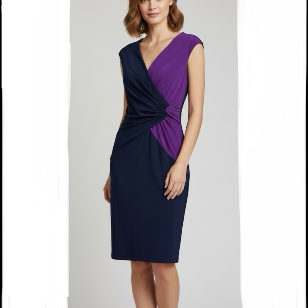 Ralph Lauren Navy Blue Purple Twist Colorblock Sleeveless Stretch Sheath Dress 8